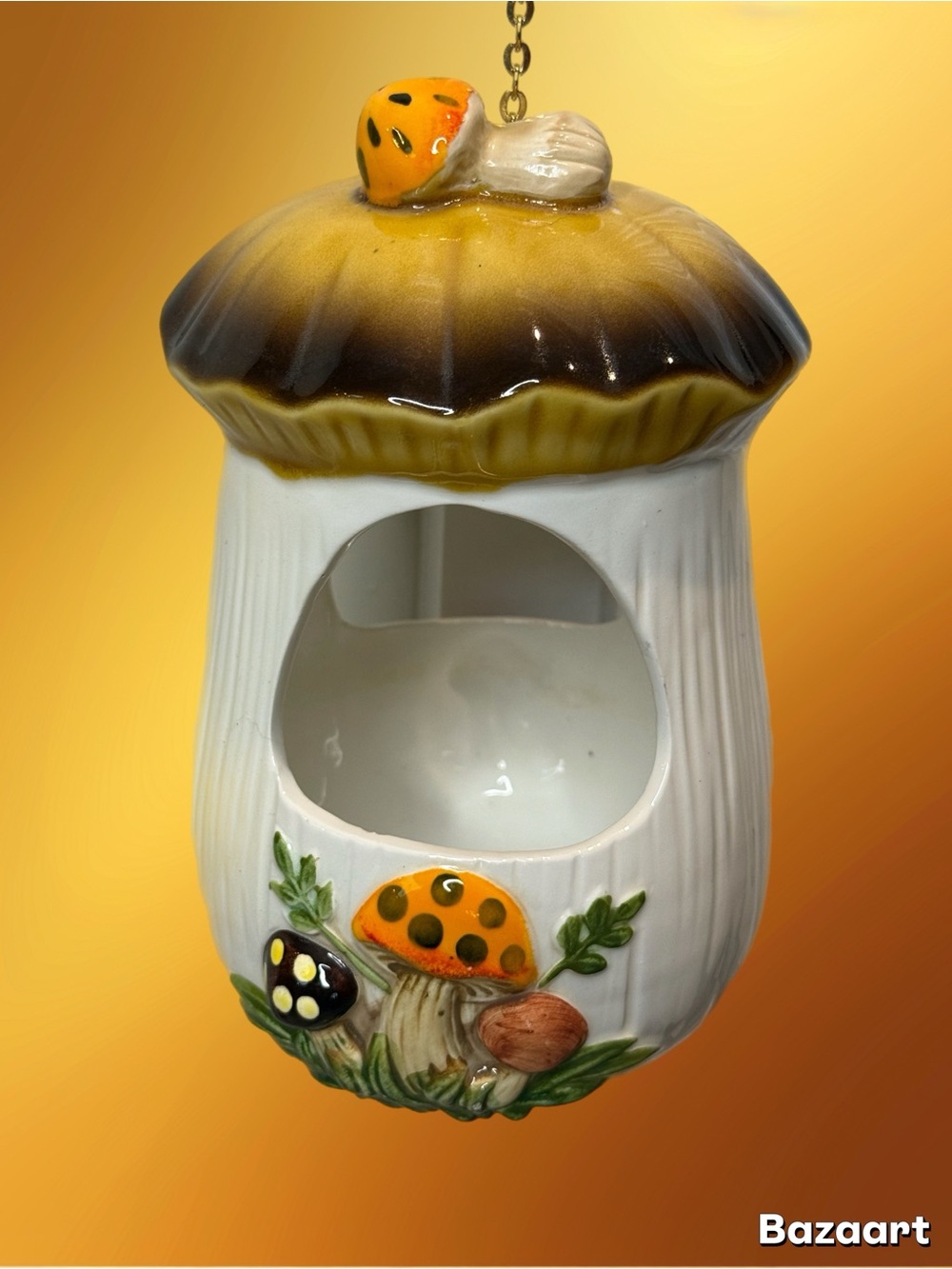 Vintage 1976 Sears Merry Mushroom Ceramic Hanging Planter Bird Feeder with chain